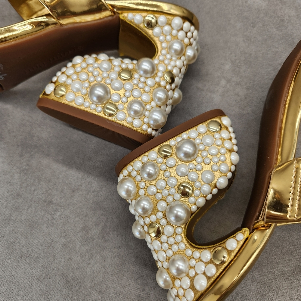 Gianni Bini Dress Sandals 9.5 Gold Penei Architectural Chunky Jewel Heel New$150 - Picture 9 of 17